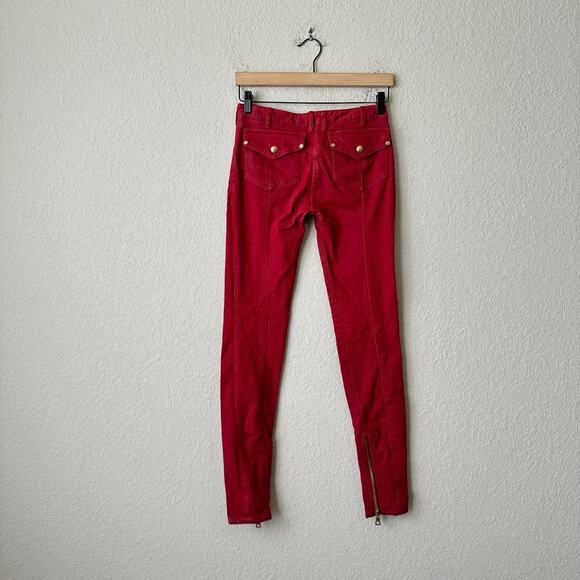BALMAIN Skinny Jeans Red Low Rise Ankle Zip Stretch Hipster - Picture 2 of 16